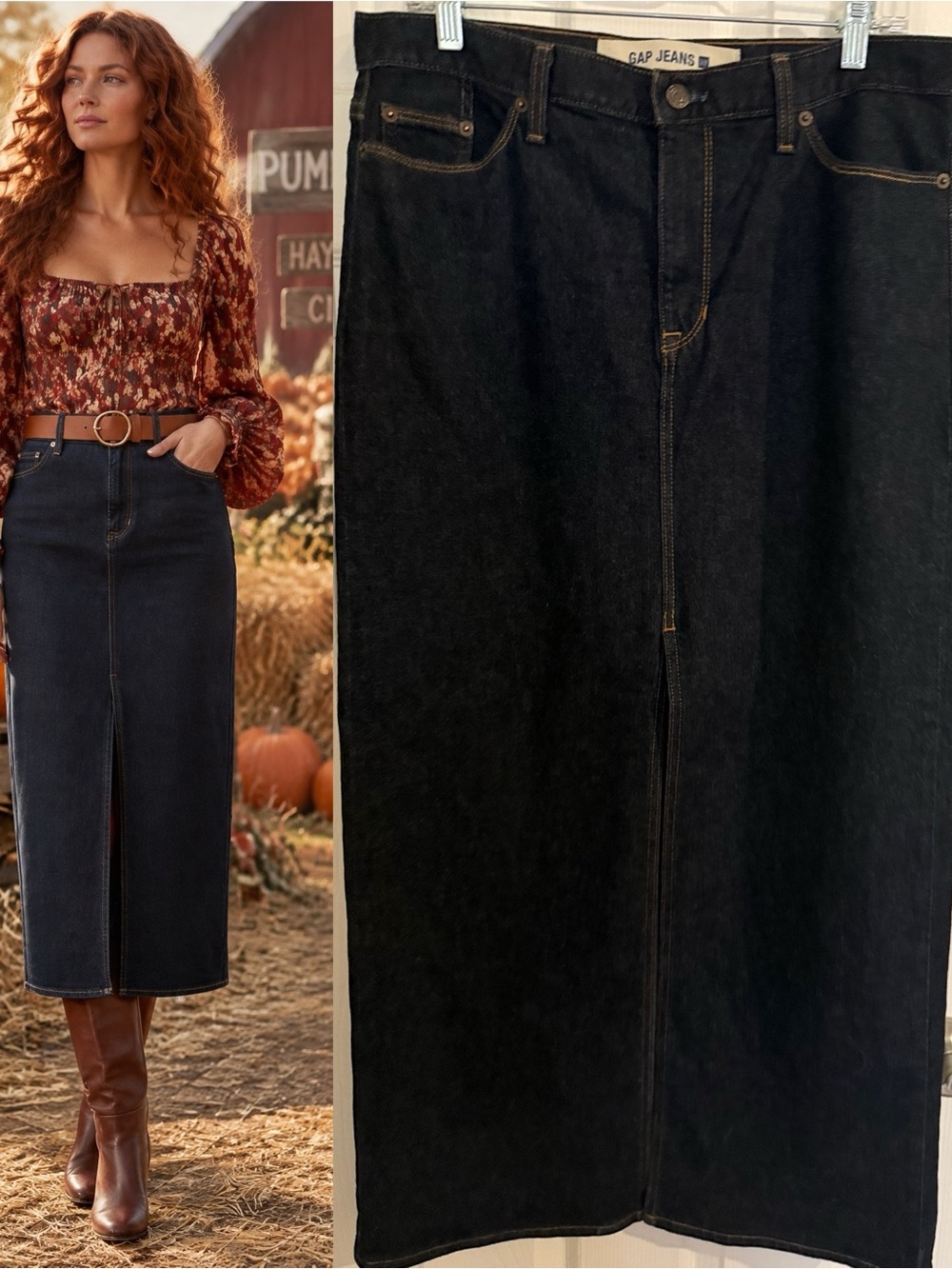 Gap Jeans Dark Wash Denim Maxi Skirt Front Slit Size 12 Regular